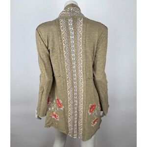 Caite Handmade Embroidered Cardigan Women M Long‎ Sleeve Pockets Cotton Wrap